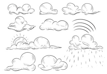 Illustration Sketching drawing Set of clouds,sun, rain and rainbows, ink style for art work, logo, learning, scrapbooking.