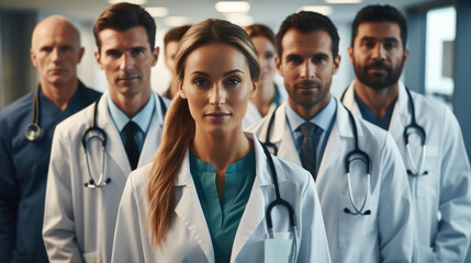 Different race and age doctors standing with team at hospital. Generative AI. - obrazy, fototapety, plakaty