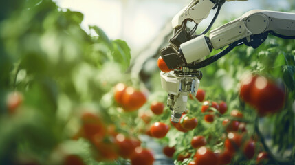 Robot with multiple articulating arms and sensors harvesting ripe tomatoes in a greenhouse.