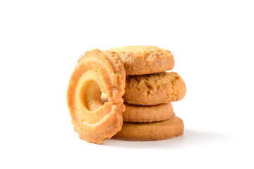 Danish butter cookies macro cutout.Round shortbread biscuits with sugar isolated