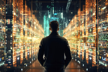 Man in front of a supercomputer in a technological institute, servers to process billions of data per second, petaflops in a data center. Data network and artificial intelligence concept. Ai generated