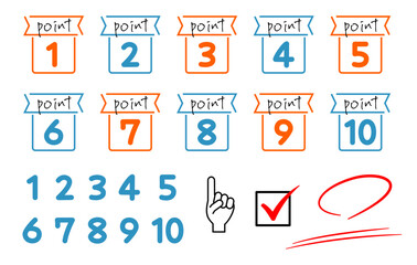 Number icons for points 1 to 10. Line drawing design in two colors blue and orange.