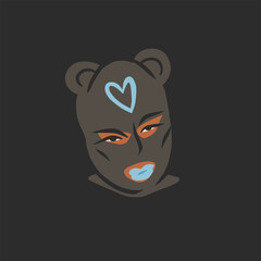 Hand drawn abstract vector graphic clipart illustrations collection set with bandit girl in balaclava.Trendy modern female design concept.Vector woman fashion portrait contemporary art.Beauty model.