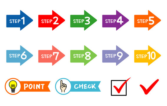 Steps 1 to 10 numeral icons with arrow design. Flow chart.