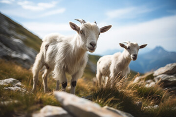 Group of young goats playing near a mountain edge. Generative AI.