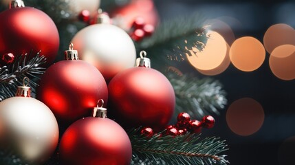 Fototapeta na wymiar Closeup Christmas tree with red balls. Generative AI.