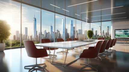A luxury corporate conference room with floor to ceiling window. Generative AI.