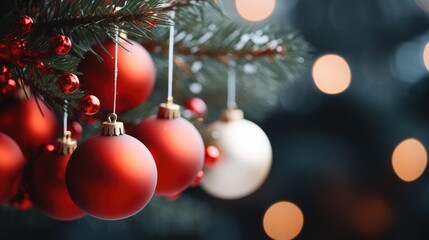 Obraz premium Closeup Christmas tree with red balls. Generative AI.