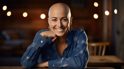 Joyful bald woman cancer patient , smiling confidently at the camera