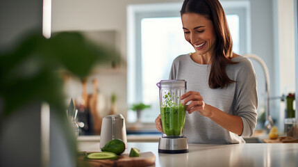 Smiling woman in a modern kitchen using a blender to make a green smoothie, with fresh ingredients on the countertop.