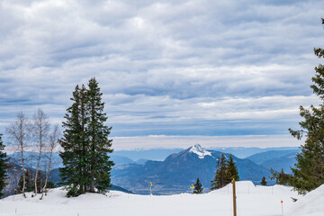view of the French Alps in winter. mountain landscape under the snow. snow path with mountain view