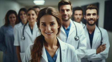 Doctors in uniforms standing in hospital, Medical workers smiling team. Generative AI.