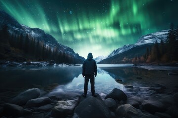 Obraz premium Rear view, A tourist man carrying a backpack is looking at a Aurora. Generative AI.