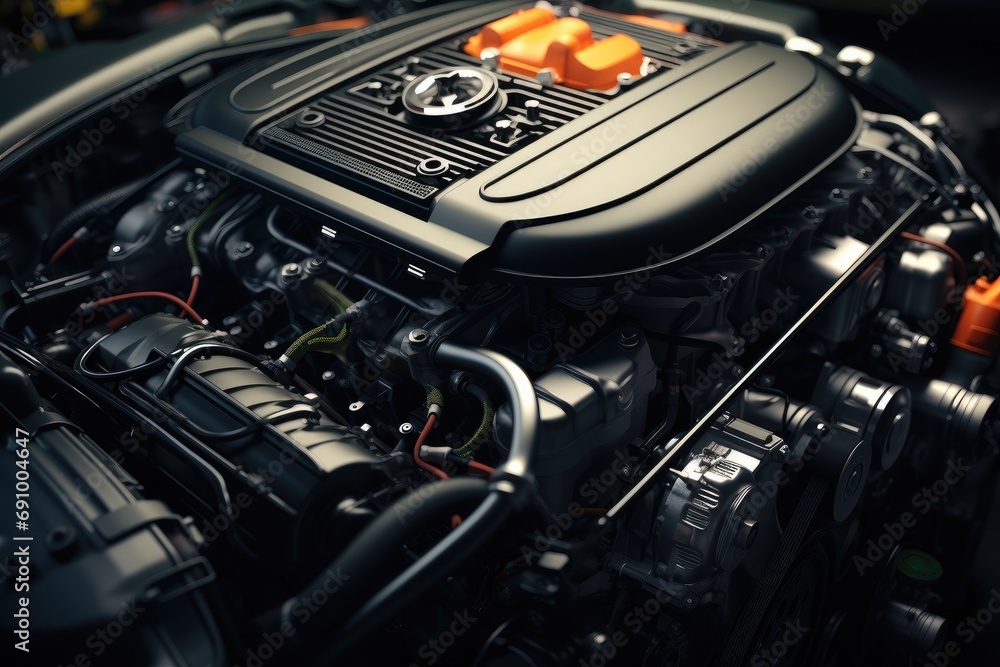 Poster Top view of engine in car. Generative AI.