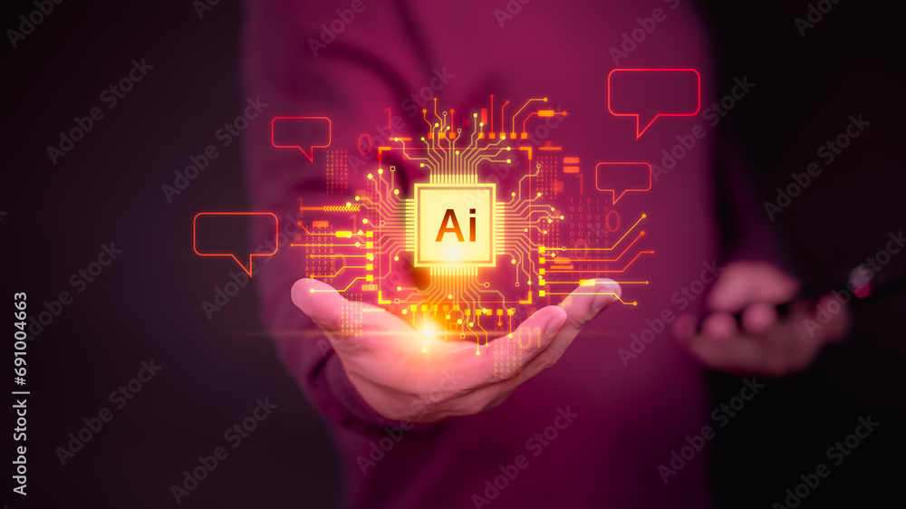 Fototapete Ai chat technology, User hand show virtual screen with Ai graphic for global internet connect chatbot, Chat with AI, Artificial Intelligence. Man using command prompt for generate something in design.