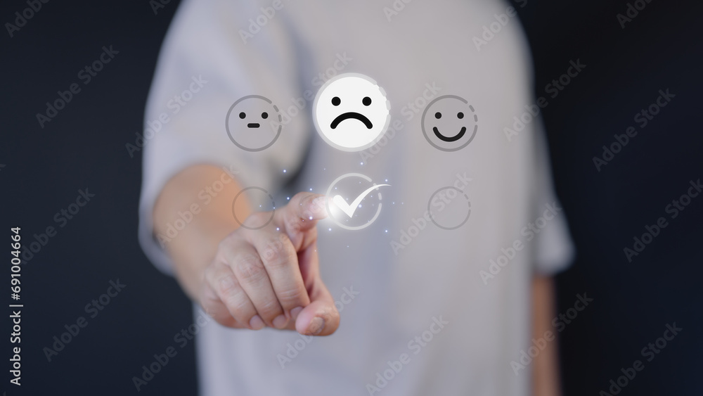 Poster customer give point for service with angry emotion face on virtual screen, bad review, client dislik