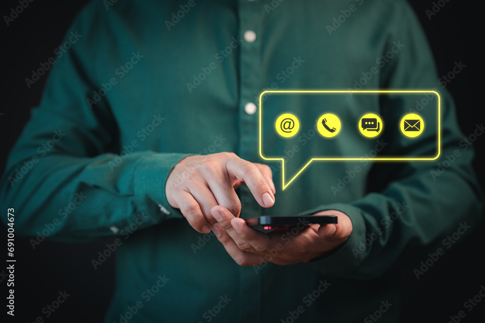 Poster contact us support hotline, people connect. user man use a smartphone with virtual screen member con