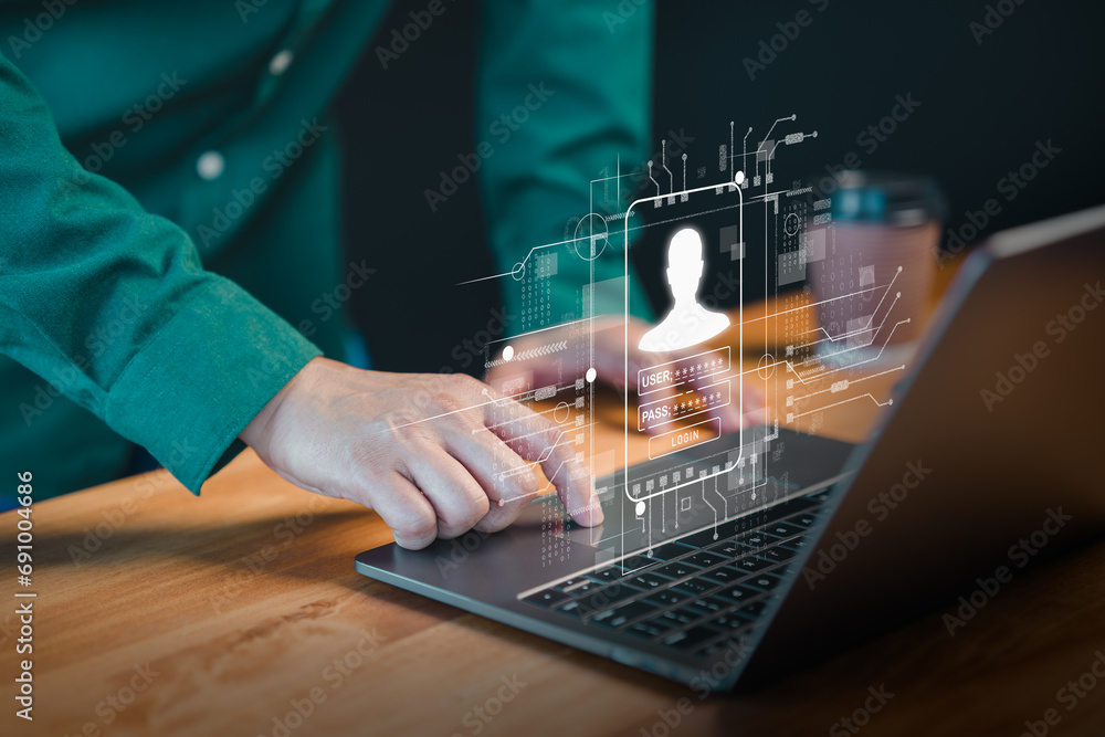 Poster User use a computer laptop type the username and password. Cyber security concept to protect personal data. Secure encryption and access to the user's private information to access the internet.