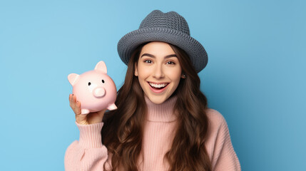 Smiling young girl holding a piggybank against blue background