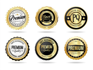 Collection of golden premium quality badges and labels vector illustration - obrazy, fototapety, plakaty