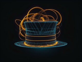 transparent glowing hat, glowing lines, black background, for design, isolated