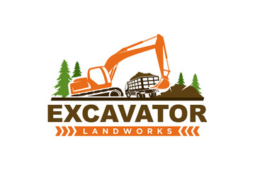 Excavator digging logo, truck earth mover industry construction icon symbol. - obrazy, fototapety, plakaty