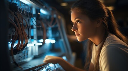 A focused maintenance technician woman working on complex machinery. Generative AI.