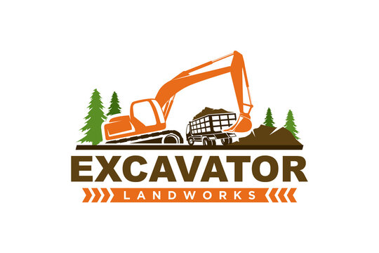Excavator digging logo, truck earth mover industry construction icon symbol.