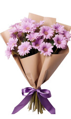 Bouquet of purple flowers in a cornet wrapped in kraft paper, tied with a ribbon bow on transparent background