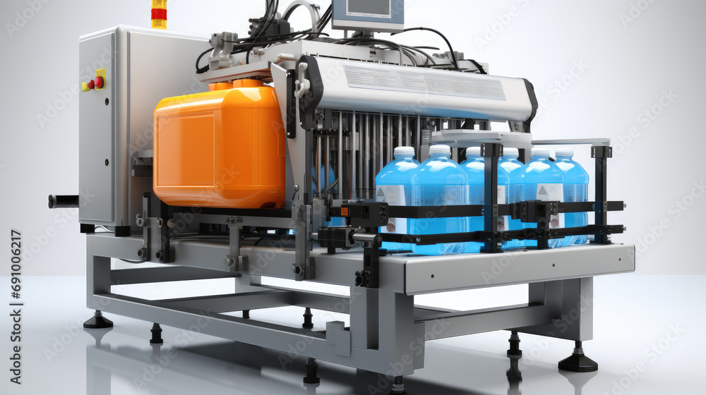 Poster capacity industrial drum filling machine for efficient liquid product packaging isolated on a white 