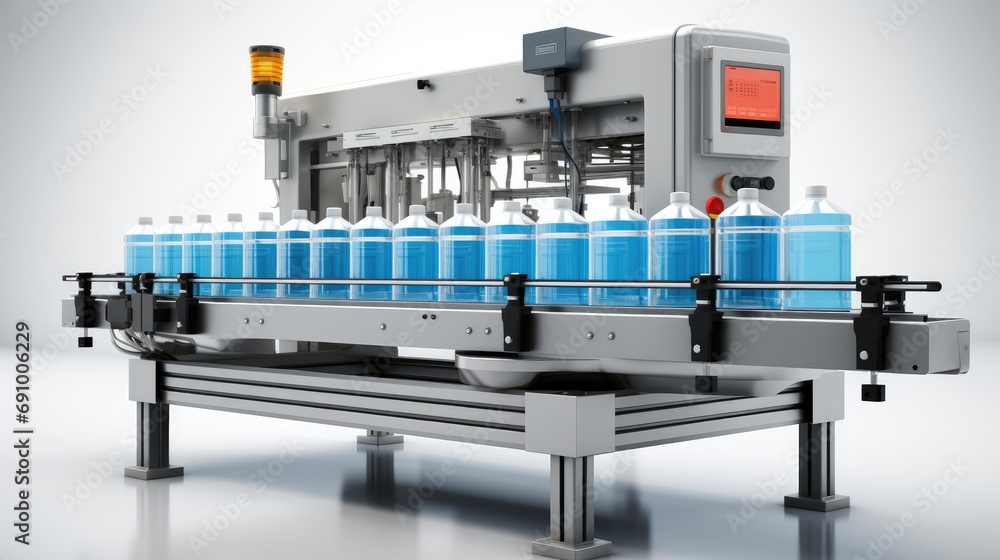 Poster capacity industrial drum filling machine for efficient liquid product packaging isolated on a white 