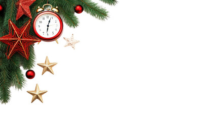 Christmas header with pine tree, decorative clock and red stars isolated on  on transparent background