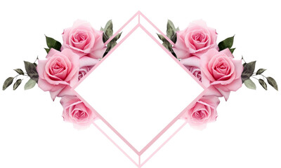 Fototapeta na wymiar Pink rose flowers in a borders arrangement with geometric frame isolated on transparent background