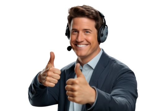 smiling businessman with headset isolated on transparent background - Powered by Adobe