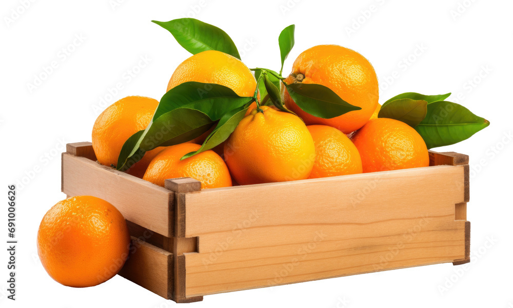 Sticker oranges in a wooden box on transparent background