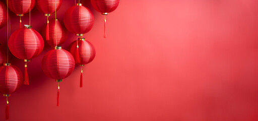 Red background with Chinese paper lanterns - obrazy, fototapety, plakaty