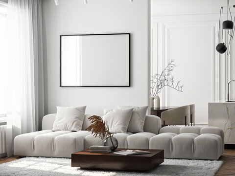 Frame mockup, ISO A paper size. Living room wall poster mockup. Interior mockup with house background. Modern interior design. 3D render

