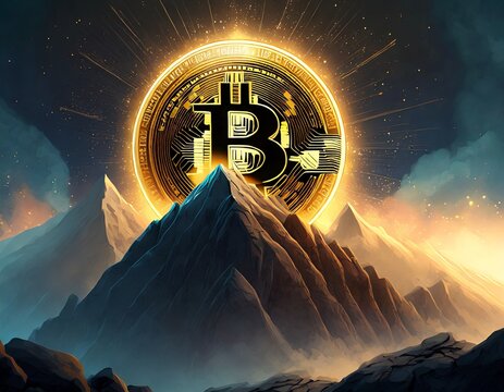 shining bitcoin on a huge mountain chart in the background crypto bullrun