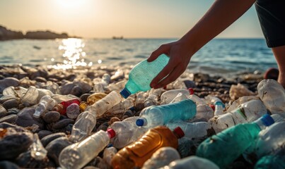 Close up photo of man Collecting waste with hand from plastic bottles on the beach. Plastic pollution. 