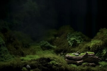 Green moss and background. Backdrop for displaying products. Dark forest background. generative ai.