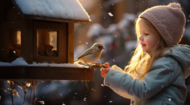 a little girl is feeding birds from a bird house in winter