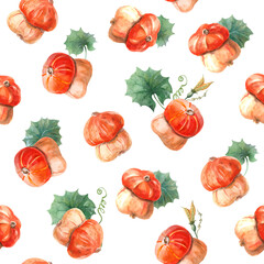 Watercolor seamless pattern with pumpkin, leaves and flowers. Fall background. Season decoration. Design for wrapping paper, wallpaper, textile, backdrop and other.