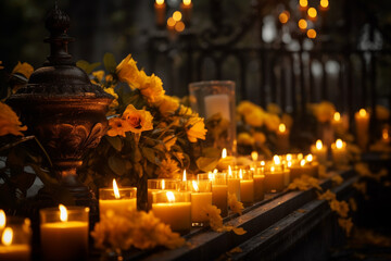 Lots of lit candles and yellow marigold flowers at the cemetery. Celebrating All Saints Day at graveyard at night. Generative AI