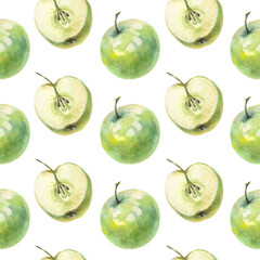 Watercolor seamless pattern with apples. Fruit background. Design for wrapping paper, wallpaper, textile, backdrop and other.