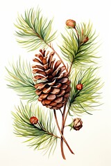 Watercolor Painting of a Pine Cone on a Branch