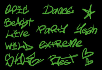 Collection of graffiti street art tags with words and symbols in green color on black background