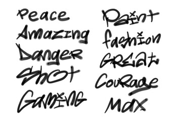 Collection of graffiti street art tags with words and symbols in black color on white background