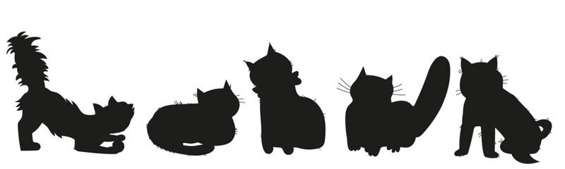Cat or kitten silhouette set for pets care and veterinary projects. Black outline cat icons or a domestic pet design collection, vector illustration isolated on white background.