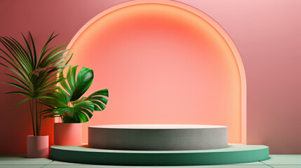 Modern and minimalistic product display podium with a peach fuzz arch and a green plant. Copy space.