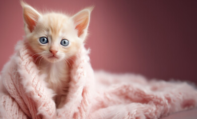 Obraz premium A small orange peach fuzz kitten with blue eyes is snuggled in a pink blanket, looking at the camera
